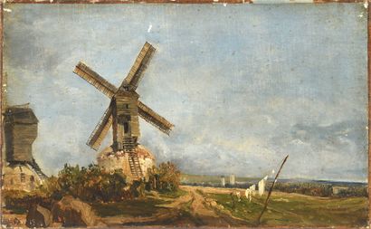 null Entourage de Georges MICHEL (1763-1843) Paysage aux moulins Huile sur papier...