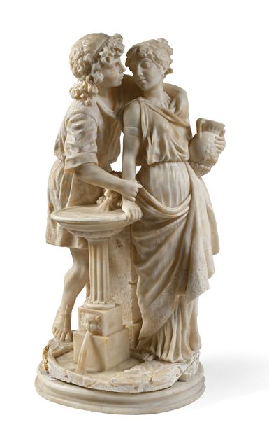 null Cesare SCHEGGI (1833-1876) Jeune couple antique à la fontaine Sculpture en albâtre...
