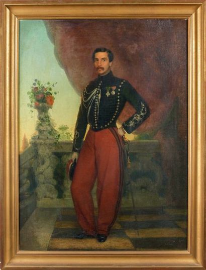 null Tableau d'officier français IIe Empire. Portrait en pied d'un lieutenant d'état-major...