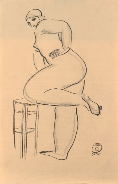 Chang Yu SANYU (1901-1966) Femme nue au tabouret Encre sur papier signée en chinois...