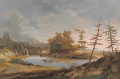 J MORETH (XVIIIe-XIXe siècles) Promenade en barque dans un paysage boisé Grande gouache...