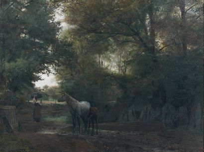 Amable Louis SCHNEIDER (1824-1884) Le chemin de Kerlary en trégune, Bretagne Huile...