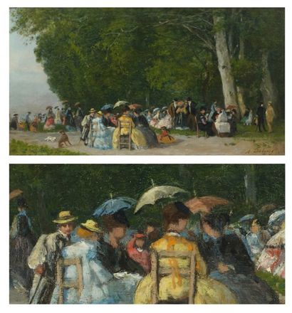 Alexandre DUBOURG (1825-1891) Les Elégantes vers Trouville Huile sur panneau d'acajou....