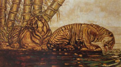 D'après Paul JOUVE Deux tigres Huile sur toile. 100 x 180 cm.