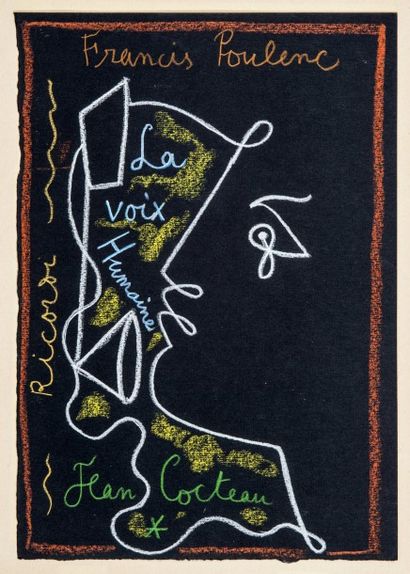 null 282 Jean COCTEAU (1889-1963) La voix humaine Pastel sur papier Canson noir,...