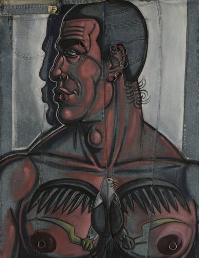 null 292 Eric RASPAUT (1955) Homme tatoué aux piercings Huile sur toile de Jeans...
