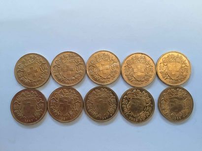 null 10 pièces de 20 Francs Suisse or 