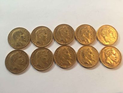 null 9 pièces de 20 Francs or Napoléon III tête couronnée et 1 pièces de 20 francs...