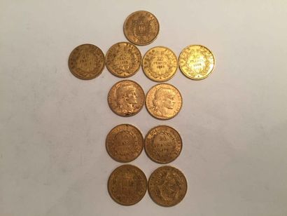 null 9 pièces de 20 francs or (1852 – 1854 – 1856 - 1860 – 1865 – 1878 (2) – 1908...
