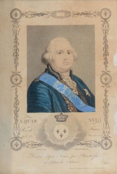 null Louis XVIII
Lithographie rehaussée représentant un portrait du roi dessiné d'après...
