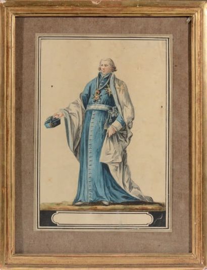 École française ou étrangère du XVIIIe siècle Paire d'élégants portraits en pied.
Plume...