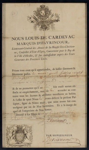 null Passeport daté du 28 novembre 1766 à en-tête des armes de France, au nom et...