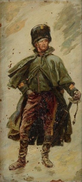 DETAILLE Edouard (1848-1912) Portrait en pied d'un soldat.
Huile sur cuivre, non...