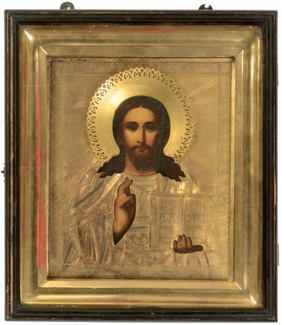 null Icône représentant le Christ Pantocrator, dans son kiot.
Chromolithographie...