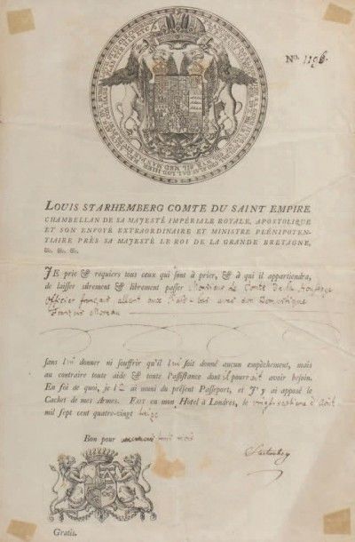 Louis Starhemberg, comte du Saint-Empire (1724-1807) Passeport à en-tête des grandes...