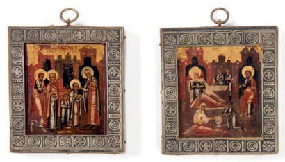 null Paire d'icônes rectangulaires représentant la Nativité de la Vierge et sa présentation...