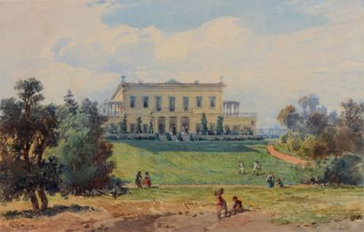 HUOT Eugène Georges (actif vers 1870) Vue du palais de Leuchtenberg à Péterhof.
Aquarelle...
