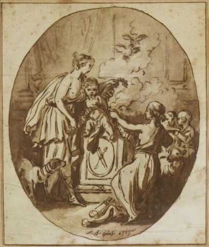 null Jean Baptiste HUET (1745-1811) Sacrifice à l’hôtel de l’Amour. Plume, encre...