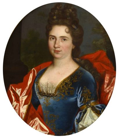 null Ecole française, vers 1700 Portrait de femme en robe bleue et drapé rouge Huile...