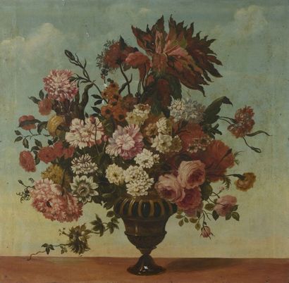 null Ecole française du XIXe siècle Vase de fleurs sur un entablement Huile sur toile,...