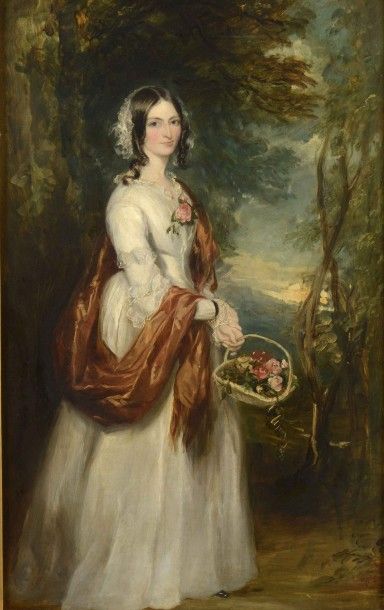 null Francis GRANT (1803-1878) Portrait de Mrs BANKS WRIGHT tenant une corbeille...