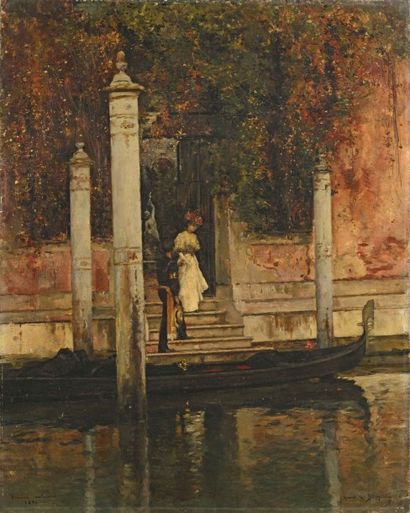 null Maurice BOMPARD (1857-1936) Jeune élégante embarquant sur une gondole à Venise...