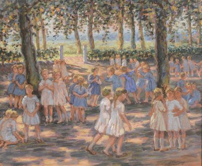null Jenny MONTIGNY (1875-1937) Jeunes filles jouant sous les arbres Pastel sur papier,...