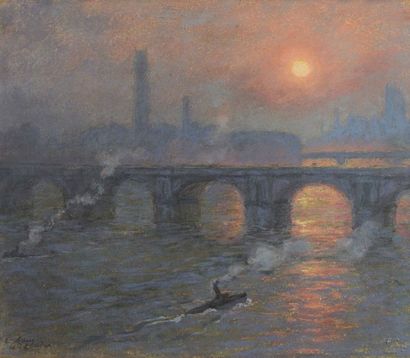 null Emile CLAUS (1849-1924) Londres, coucher de soleil - 1916 Pastel signé, daté...