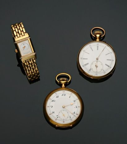 null Deux montres de gousset en or jaune 18 ct (750) à remontoir, fonds guilloché...