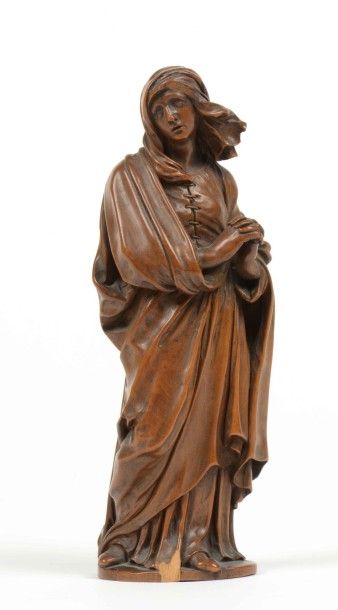 null Statuette en buis sculpté représentant une sainte femme debout les mains jointes...