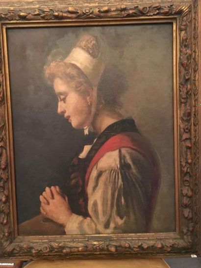 null Camille BELLANGER (1853-1923) d'après. Jeune-fille priant. Huile sur toile....
