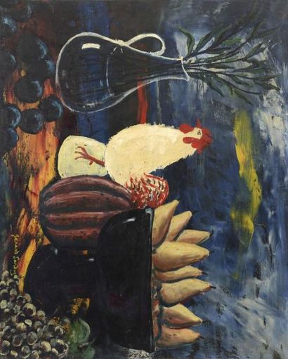 null S 39 Gérard SANDOZ (1902-1995) Nature morte aux poules et poires Huile sur toile...