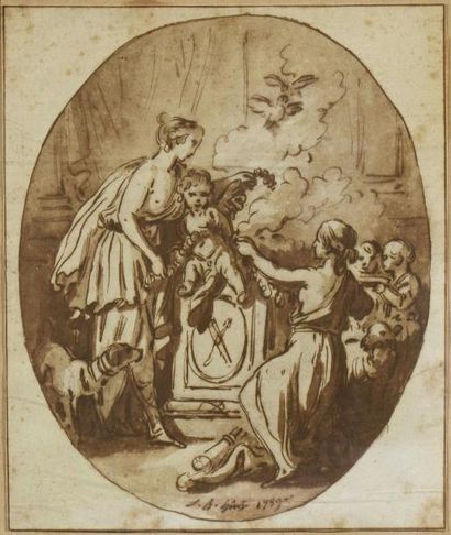 null Jean Baptiste HUET (1745-1811) « Sacrifice à l’hôtel de l’amour » Plume, encre...