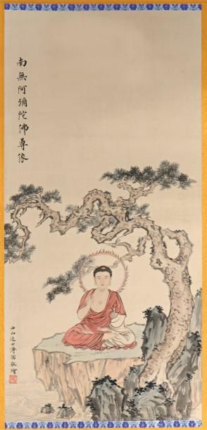 CHINE Peinture sur soie représentant un bouddha en position de vitarka-mudra.
61...