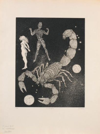 Jacques HOUPLAIN (né en 1920) Le Scorpion - Le Cèdre - Paysage exotique.
Trois gravures...