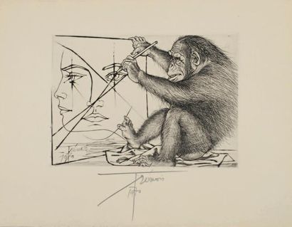 Pierre-Yves TRÉMOIS Singe dessinant un visage. 1970
Pointe sèche signée, datée. 14,7...