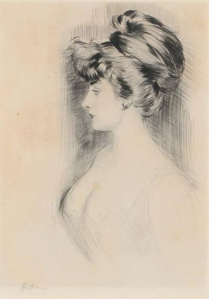 Paul-César HELLEU (1859-1927) Profil de jeune femme au chignon haut
Pointe sèche....