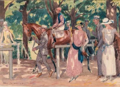 Maurice TAQUOY (1878-1952) Elégantes aux courses, 1923
Aquarelle sur traits d'encre,...