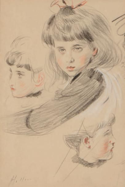Paul-César HELLEU (1859-1927) Étude de trois têtes, Mme Helleu et Ellen
Trois crayons...