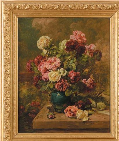 Georges JEANNIN (1841-1925) Bouquet de roses sur un entablement, 1912
Huile sur toile,...