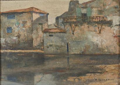 MICHALIS ECONOMOU (1888-1933) Maisons au bord de l'eau
Huile sur carton signée en...