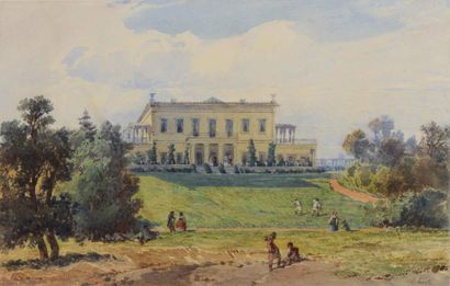 null Eugène Georges (actif vers 1870). Vue du palais de Leuchtenberg à Péterhof....