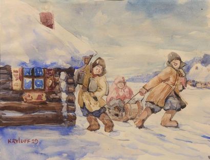 null KRYLOV Boris Petrovitch (1891-1977). Paysans avec luge dans un paysage de neige....
