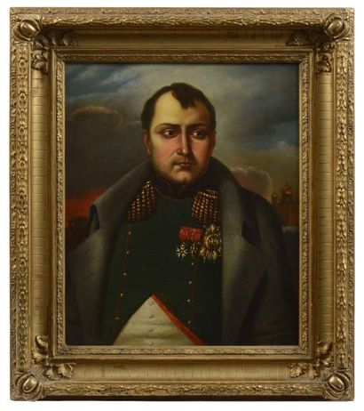 null École russe du XIXe siècle. L'empereur Napoléon Ier devant Moscou en flammes....