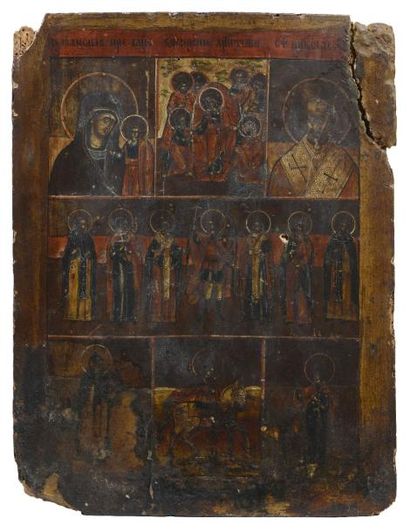 null Icône décorée de 7 scènes peintes, dont sur le premier registre la Vierge de...