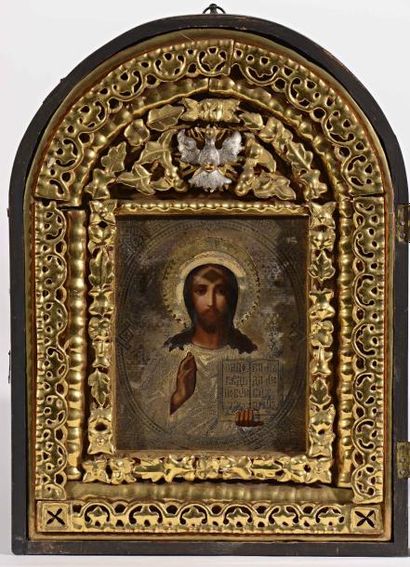 null Belle icône représentant le Christ Pantocrator. Tempera sur bois, conservée...