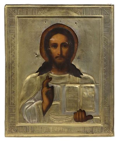 null Icône représentant le Christ Pantocrator. Chromolithographie sur bois, conservée...