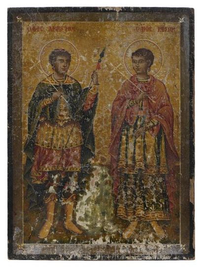 null Icône représentant les saints martyrs Dimitri et Nestor. Tempera sur bois, fond...