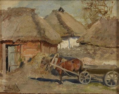 null MACHKOV Ilya Ivanovich (1881-1944). Scène paysanne avec charrette et cheval....