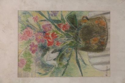 null Philippe GRANAT Composition florale Pastel, signé en bas à gauche Tampon vente...